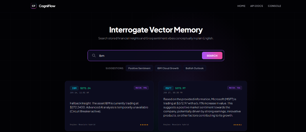 CogniFlow vector memory search dashboard preview