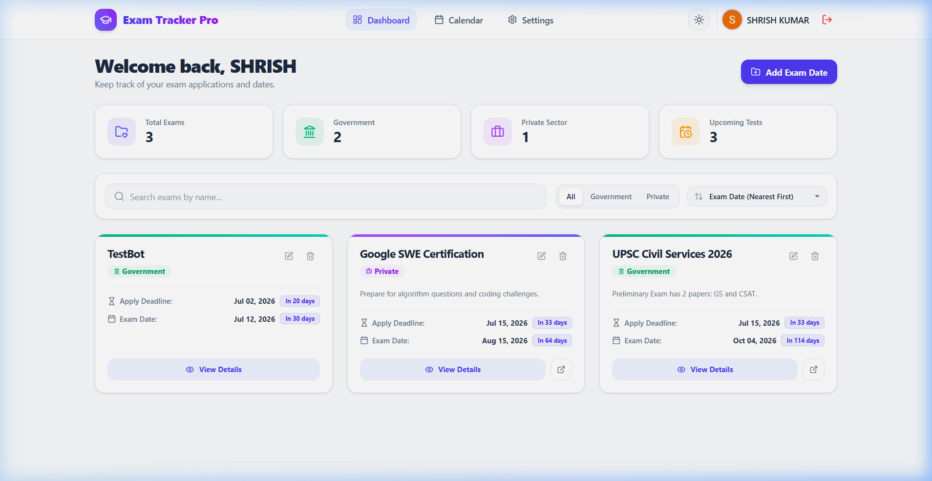Exam-Tracker interface preview